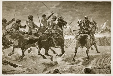 Mahsameh, escena en la Guerra de Egipto de 1882, grabado por W.J. Palmer